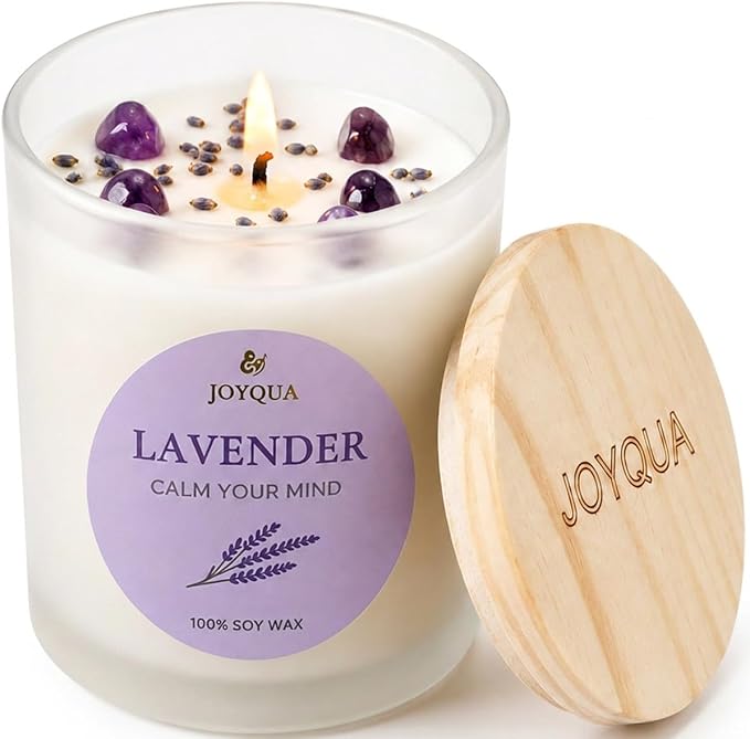 Meditation Candle Gift, 9 oz Lavender Crystal Candle, Wood Lid