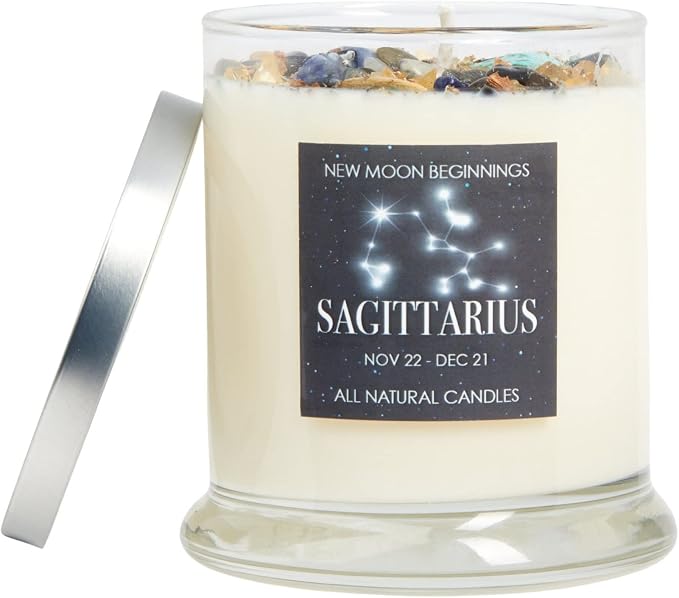 Sagittarius Zodiac Candle (Nov. 22 - Dec. 21) - Soy Candle - All Natural Aromatherapy Candle - Sagittarius Horoscope Candle - Crystal Candles - 12 oz Glass Jar