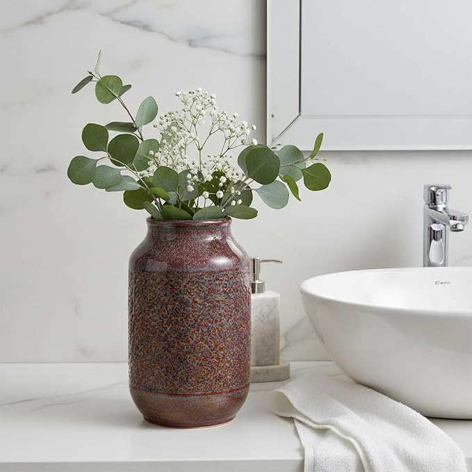 Brown Ceramic Vase for Home Decor - 9 Inch Farmhouse Pottery Vase for Pampas Grass, Decorative Vases for Flowers, Farmhouse Decor, Kitchen, Mantle, Fall Decoration