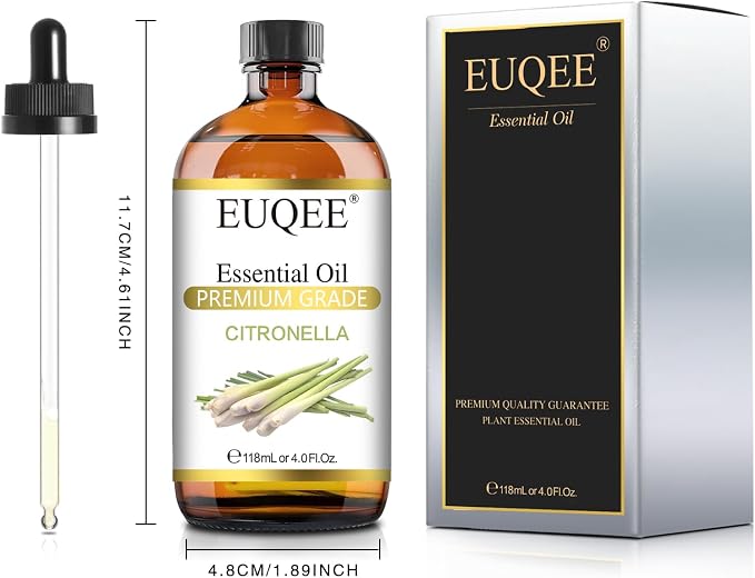 EUQEE Citronella Essential Oil, 118ml Large Gift Box Pure Citronella Oil with Glass Dropper for Candle Making, Diffuser, Humidifier - 4 fl oz.