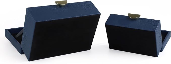 HofferRuffer Faux Leather Jewelry Boxes, Decorative Boxes Storage Accessory Organizer with Gold Hardware Decor, Classic Vegan Leather Set of 2 Pieces (Navy Blue)
