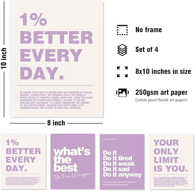 DSHFG Purple Motivational Inspirational Office Wall Art Decor Prints 4Pcs | Purple Office Motivational Wall Decor Trendy Retro Positive Affirmations Quotes Wall Decor Posters, 8x10 Unframed
