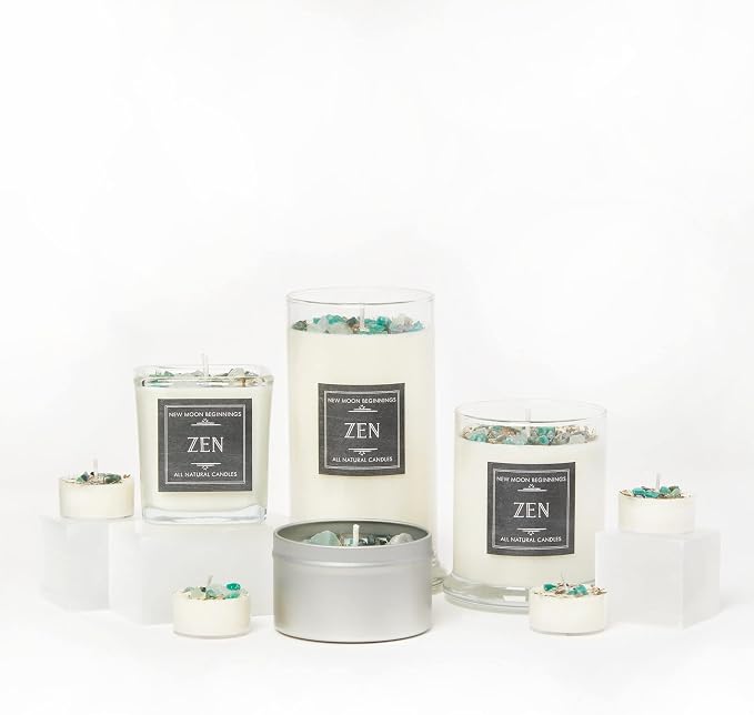 NEW MOON BEGINNINGS Zen Crystal Candle - All Natural - 100% Soy Aromatherapy Candle - Citrus, Cedarwood, Patchouli - Amazonite, Fluorite, Moss Agate - Meditation Candle - 21 oz. Glass Jar with lid