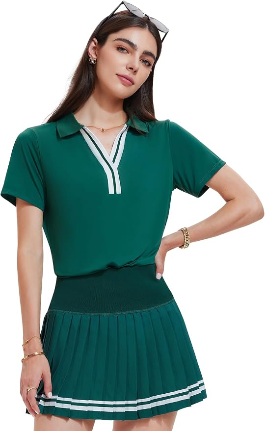 Women 2 Piece Tennis Skirt Set Pleated Golf Outfit, Polo V-Neck Athletic Dress Alternative Skort Set for Pickleball Pockets