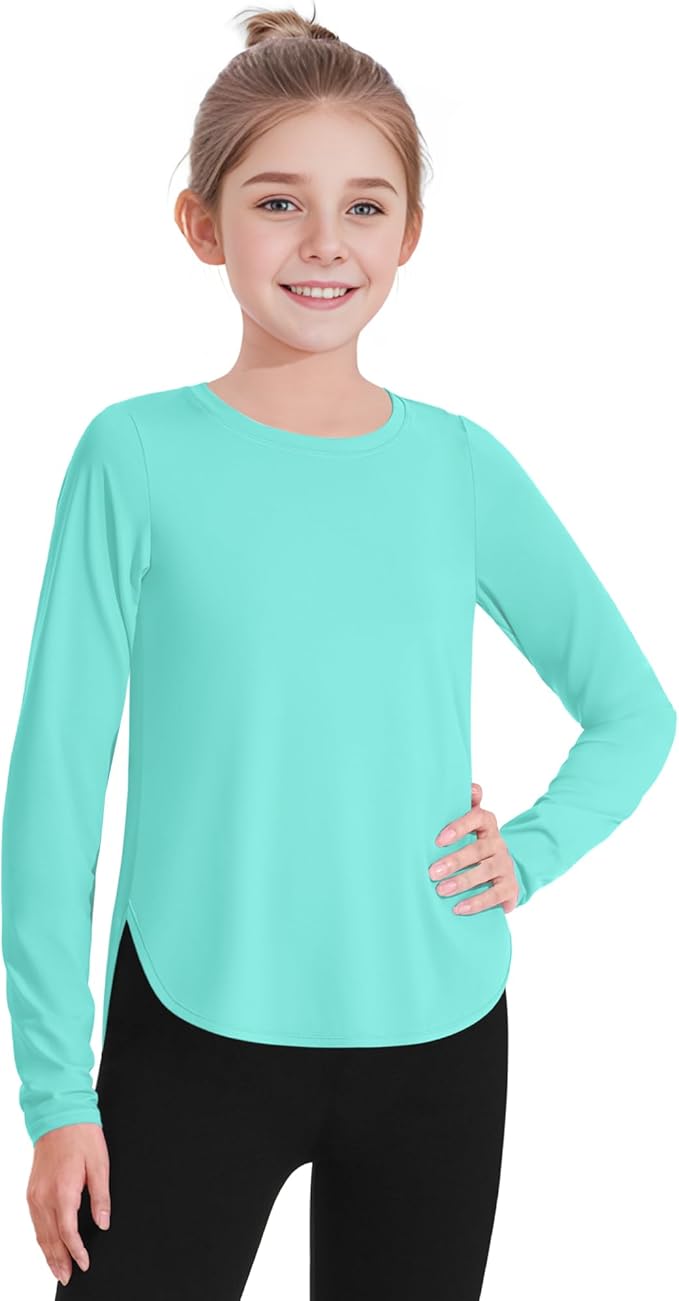 JOCMIC Girls Long Sleeve Shirts Kids Athletic Quick Dry UPF 50+ Sun Shirt Basic Tees for Gym Yoga Tops