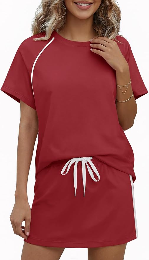 Womens 2 Piece Skirt Sets Summer Tennis Outfits Vacation Skort Set | Two Piece Sets, Short Set, Athletic Workout Golf Outfits, Crew Neck, Color Block, Drawstring, Workout Mathcing Lounge Sets