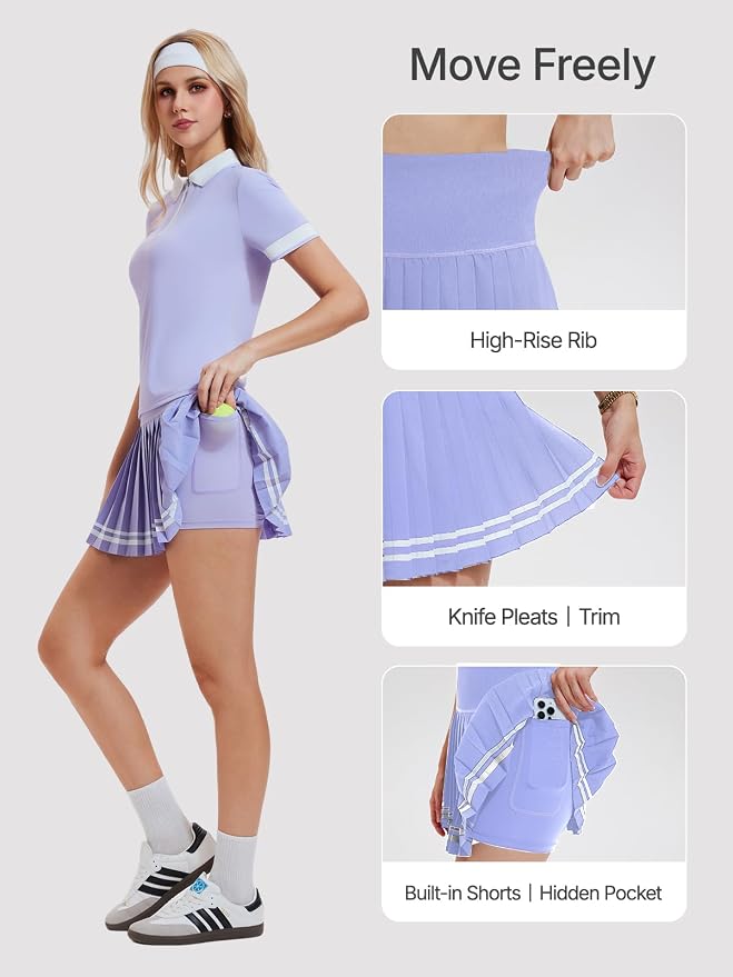 Women's 2-Piece Tennis Skirt Set, Polo V-Neck Top & High-Waisted Pleated Skirt, Athletic Outfit for Golf Pickleball