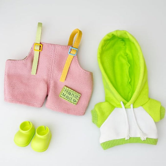 17cm Doll Clothes Set – Hoodie, Overalls & Shoes Outfit for 6.7 inch Dolls Accessories (Doll Not Included)