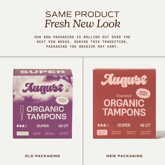 August Organic Cotton Tampons - Easy-Glide Long Applicators - 96 Super Tampons Made with Organic Cotton, Non-Toxic, Fragrance-Free, Chlorine-Free, and Hypoallergenic (6 Boxes of 16/12 Boxes of 8)