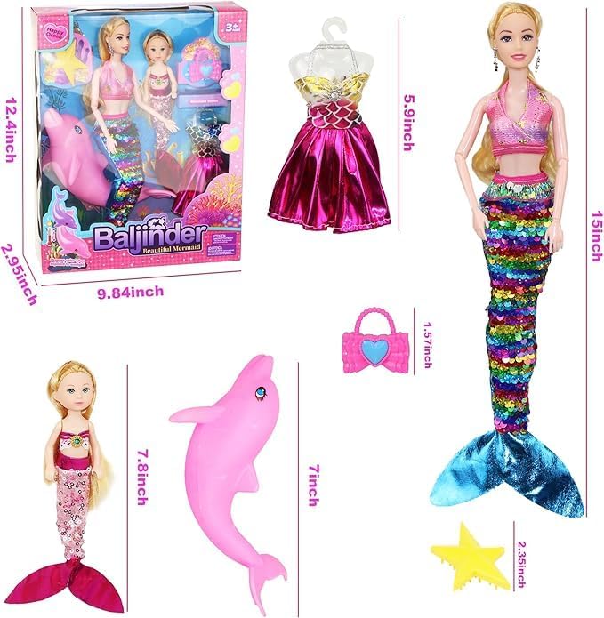 Baljinder Magical Mermaid Dolls with Little Mermaid | Summer Princess Doll & Color Change Dolphin Playset for Water Swimming | Mermaid Pool Toys for Girls 4-7 | Birthday Party Christmas