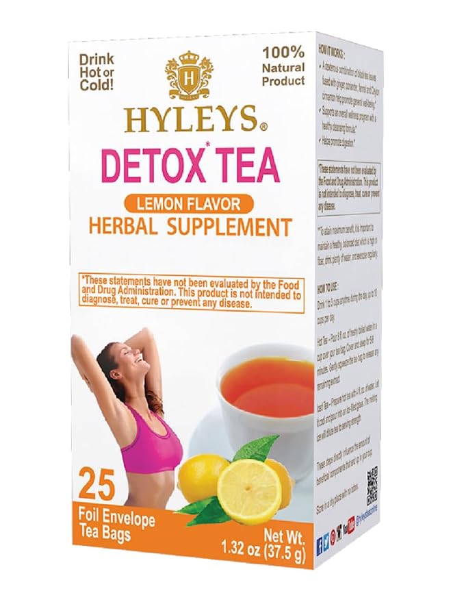 Hyleys Detox Tea for Cleanse - Black Tea with Lemon, Ginger, Honey Flavor - Supports Digestion & Bloating Relief - 25 Tea Bags (1 Pack)