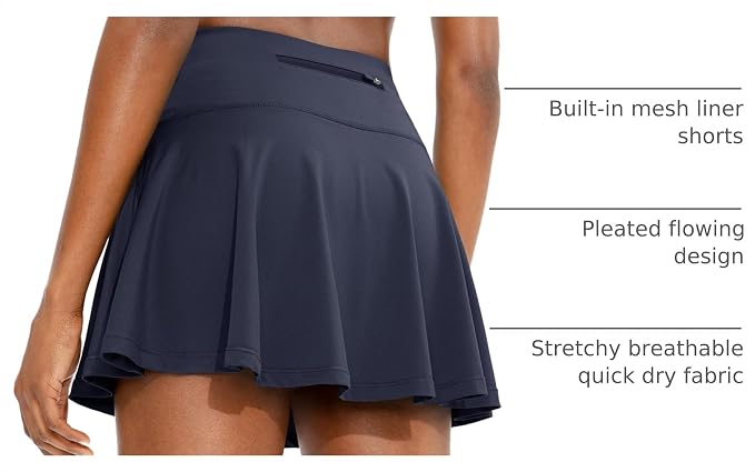 Pleated Tennis Skirt with 4 Pockets | 14", 3.5" High Waisted, Soft, Lightweight, Mesh Built-in Shorts, Dressy, Casual, Athletic, Golf, Skort for Women