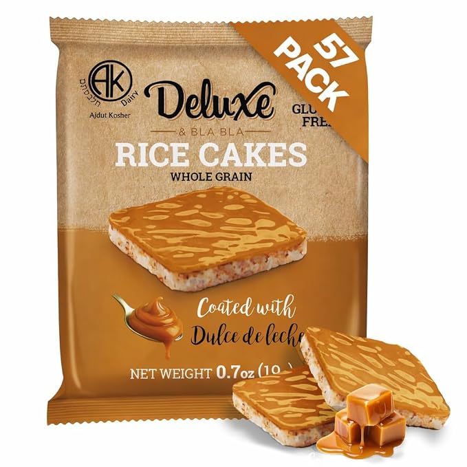 Deluxe & Bla Bla Rice Cakes 57 Pack – Whole Grain, Gluten-Free, Kosher, Low-Calorie Snack – Coated with dulce de leche – Healthy & Crunchy Treat – Individually Wrapped, (19g Each)