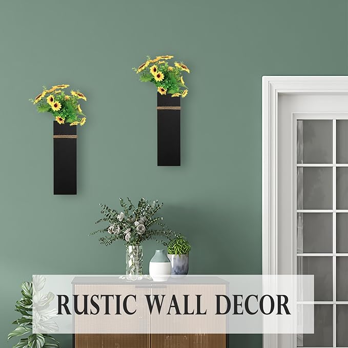 Wall Planters for Indoor Plants-2 Pack Wood Wall Vases for Dried Flowers & Artificial Plants Modern Farmhouse Wooden Vase for Living Room Bedroom Kitchen Decorations - Black