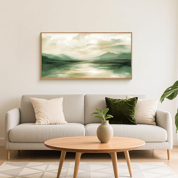 FWIEXA Sage Green Abstract Canvas Wall Art Set of 3, Framed Beige White Landscape Painting, Neutral Watercolor Mountain Prints, Nature Mountains Lake Prints, 20x40In Artwork for Living Room, Bedroom