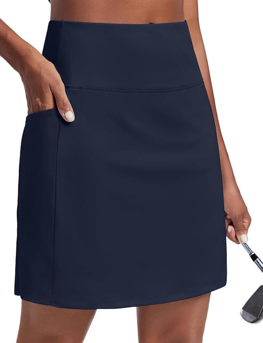 PINSPARK 19" Knee Length Skorts for Woman with Pockets UPF 50+ Golf Skirts | 4 Pockets, Built-in Shorts, High Waisted & Tummy Control, Moisture-wicking for Golf Athletic Tennis Workout Casual
