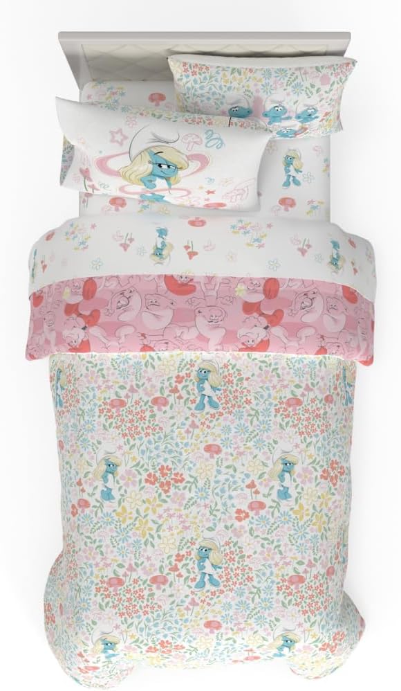 The Smurfs Smurfette Twin Bedding Set – 5 Piece Kids Super Soft Microfiber Reversible Comforter & Sheet Set - Pink, (Officially Licensed Product) by Franco