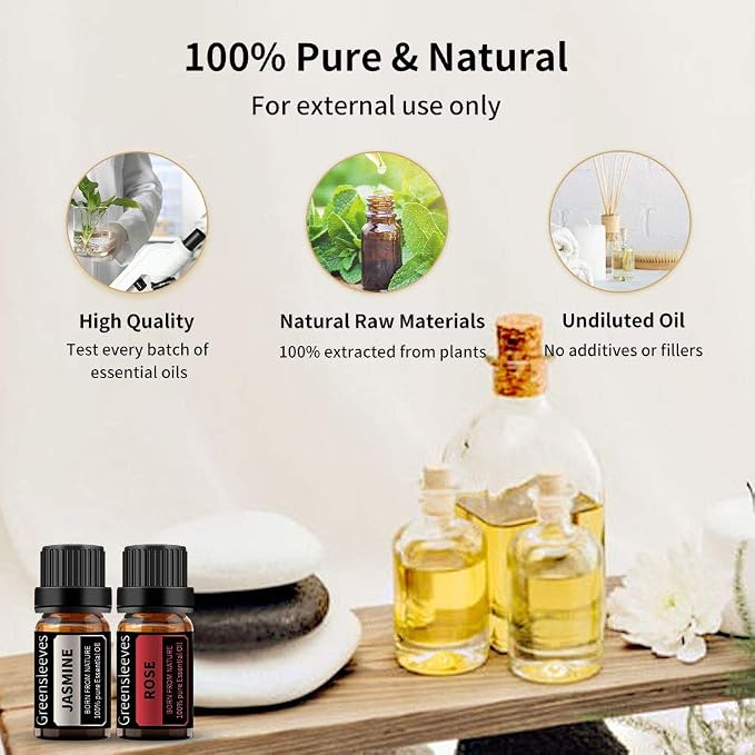 GREENSLEEVES Rose Jasmine Essential Oil Set, 2 x 10ml Pure Plant-Based Fragrance Oil for Aromatherapy, Essential Oils for Diffuser, Massage, Bath Bomb, Scented Candle Soap Making