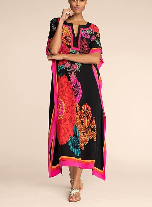 Venasha Womens Caftan Floral Print Kaftan Dress Short Sleeve Swimsuit Cover up Loungewear for Summer