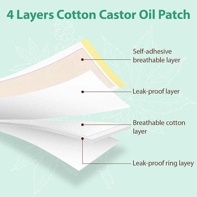 40 Pcs Castor Oil Patches with Castor Oil Organic Cold Pressed Unrefined Glass Bottle(8oz),Cotton Caster Oil Pack Wrap for Waist Back Neck Arm Belly,Self-Adhesive for Convenient Use
