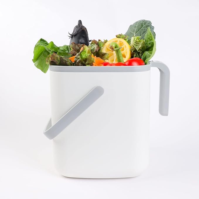 Blue Ginkgo Kitchen Compost Bin, 5L Countertop Compost Bin, White | Odor-Tight. Filter-Free. Dishwasher Safe.