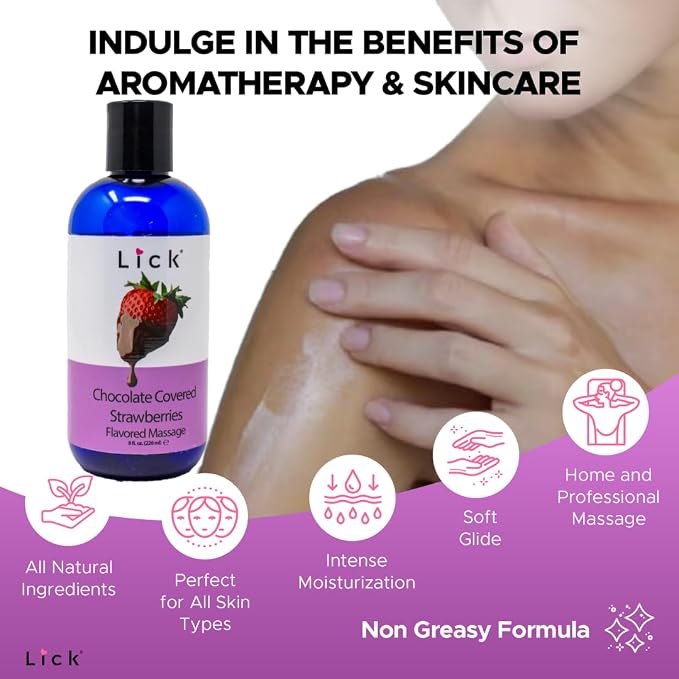 Lick Chocolate Covered Strawberries Massage Oil – Gourmet Dessert Edible Massage Oil with Almond Oil & Vitamin E, Luxurious Glide for Romantic Couples Massage, 8 oz