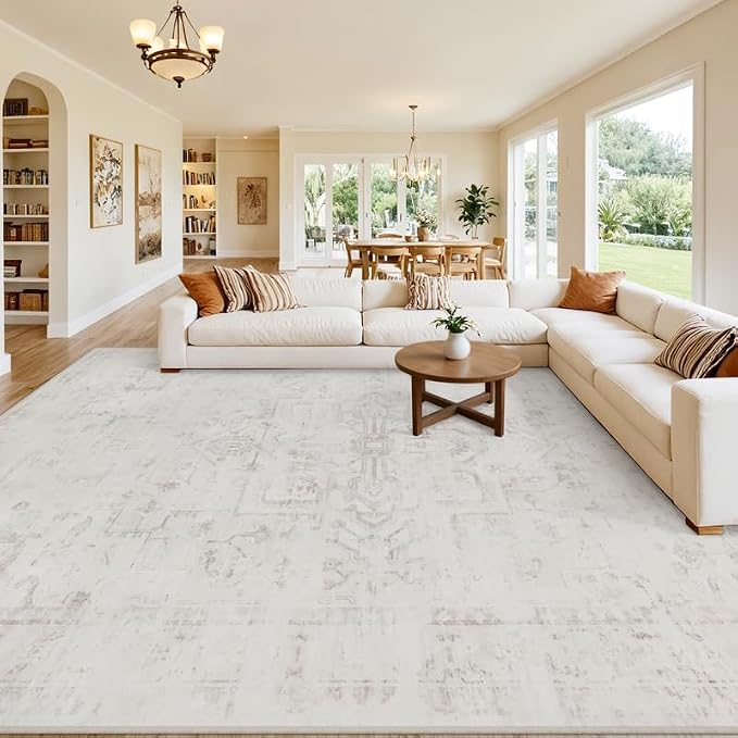 8x10 Area Rugs for Living Room: Vintage Boho Neutral Washable Rug Indoor Soft Large Area Rug Carpet for Bedroom Nursery Farmhouse Dining Room Office Floor Non-Slip Low Pile Under Table Neutral Cream