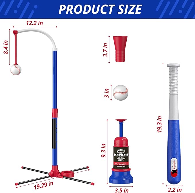 HYES 3-in-1 Baseball Set for Kids 3-5 - Tee Ball Stand, Hanging Tee, Ball Launcher and 6 Softballs - Adjustable Height, Indoor/Outdoor Sport Gifts for Boys Girls, Blue
