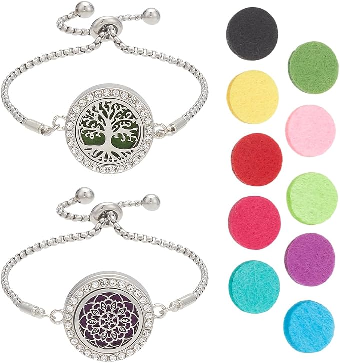 WEBEEDY 2 Sets Essential Oil Diffuser Bracelets Adjustable Aromatherapy Locket Diffuser Rhinestone Bracelet with 20 Refill Pads for Women Christmas Valentine's Thanksgiving Day Birthday Jewelry Gift