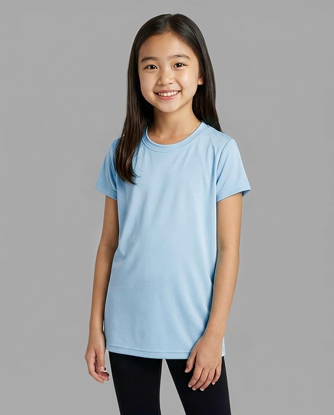 Real Essentials 5 Pack: Girls' Short Sleeve Dry-Fit Athletic T-Shirt - Active Gym Crew Neck Tops for Teens Kids (Ages 4-16)
