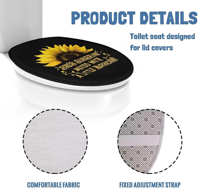 Sunflower Toilet Lid Cover Set with Elastic Band Hippie Sunflower Toilet Seat Cushion Cover Replacement for Bathroom Decor Machine Washable Polyester Fabric Bathroom Covers