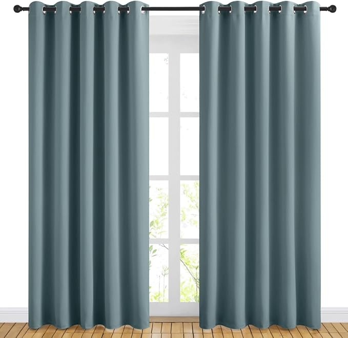NICETOWN Blackout Greyish Blue Curtains for Sliding Glass Door 2 Panels - Thermal Insulated Grommet Room Darkening Window Drapes Sound Reducing Room Dividers for Living Room (2 Panels, W66 x L84)