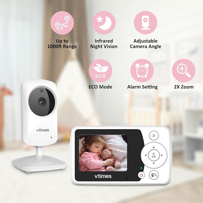 VTimes Baby Monitor with Camera and Audio, No WiFi, 2.4" LCD Screen, Two-Way Talk, Portable, Night Vision, 1000ft Range, Temperature Sensor, Alarm and Lullaby, for Baby Shower