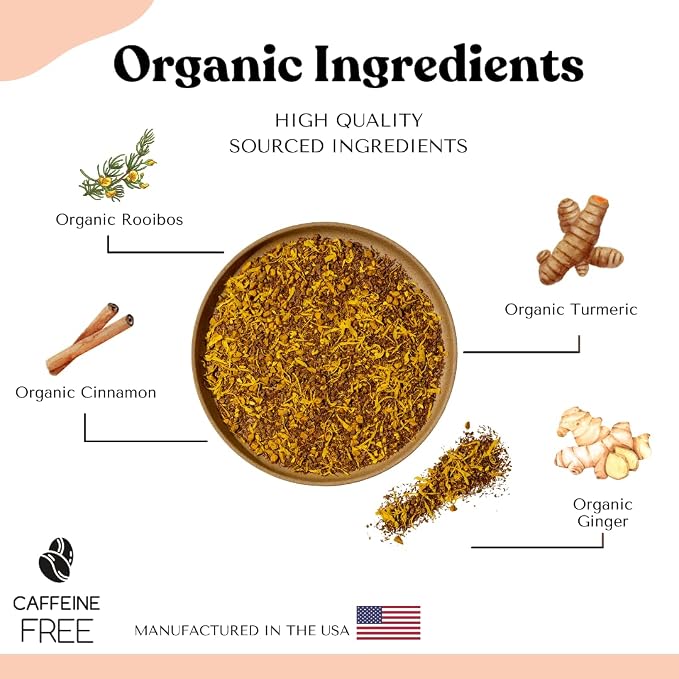Organic Turmeric Ginger Loose Leaf Tea Bags – Immunity Tea, Wellness Tea, Caffeine Free, AIP Autoimmune Protocol, Whole30 Paleo, Ayurvedic Rooibos Golden Tonic Herbal Blend, 15 Count