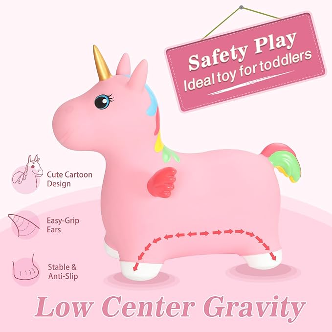 INPANY Unicorn Bouncy Horse Toys for 2 Year Old Girl, Toddler Girl Bouncing Animal Hopper Horse, Inflatable Hopping, Ride on Rubber Bouncer, Indoor Outdoor Baby Birthday Gifts for 3 4 Year Old Boys