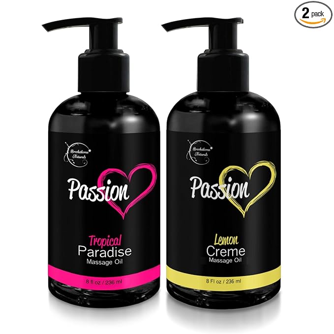 Passion Massage Oil for Date Night | Set of 2 Massaging Oils Lemon Crème & Tropical Paradise | All Natural with Almond & Jojoba | for Women & Men | Perfect for Full Body Relaxation & Aromatherapy