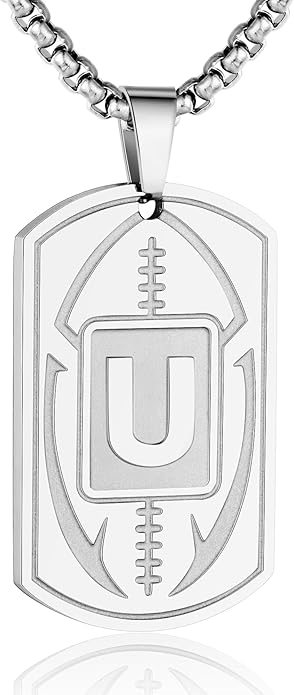 Initial A-Z Dog Tag Necklace for Men - Football Charm Pendant, Stainless Steel Chain 22+2 Inches, Personalized Sports Athletes Jewelry Gift