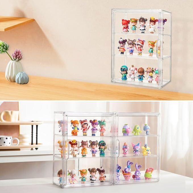 Attelite Acrylic Display Cases for Collectibles, 2 Pack 3 Layer Clear Display Case with Magnetic Door,Desktop Clear Showcase with 2 Adjustable Divider Storage Box for Action Figure