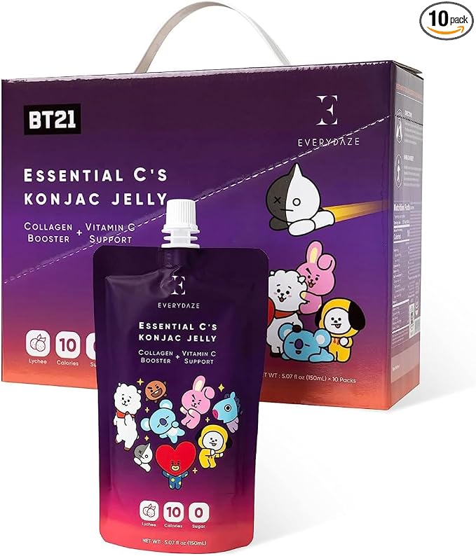 EVERYDAZE BT21 Essential C’s Konjac Jelly | Lychee | Plant-Based Collagen Booster | Gluten Free, Sugar Free, Low Calorie | Healthy Drinkable Fruit Snack | 10 Pack Box Food Drink Pouch