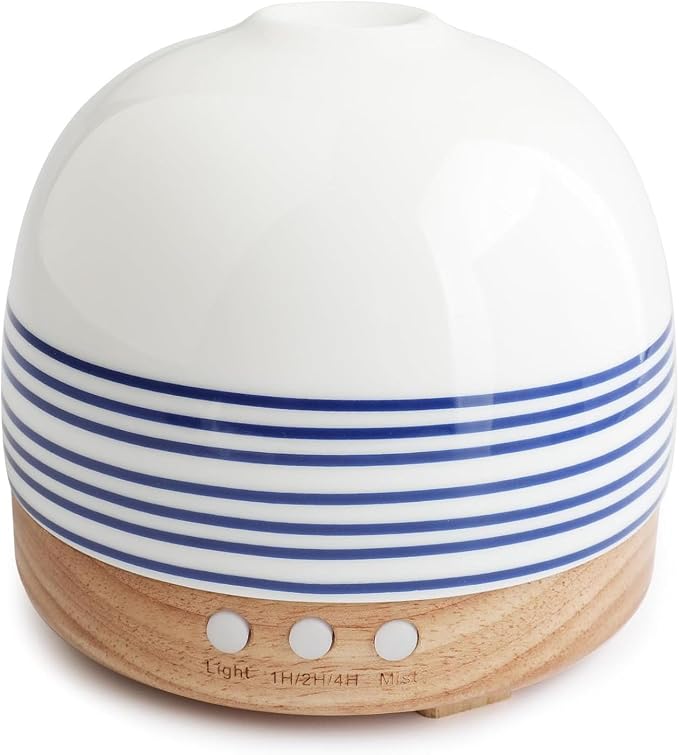 300ML Essential Oil Diffuser, Handcrafted Ceramic Aromatherapy Diffusers for Large Home with Cool Mist Humidifier & Night Light for Bedroom, Office, Yoga, Spa Women Gifts,Blue Stripe