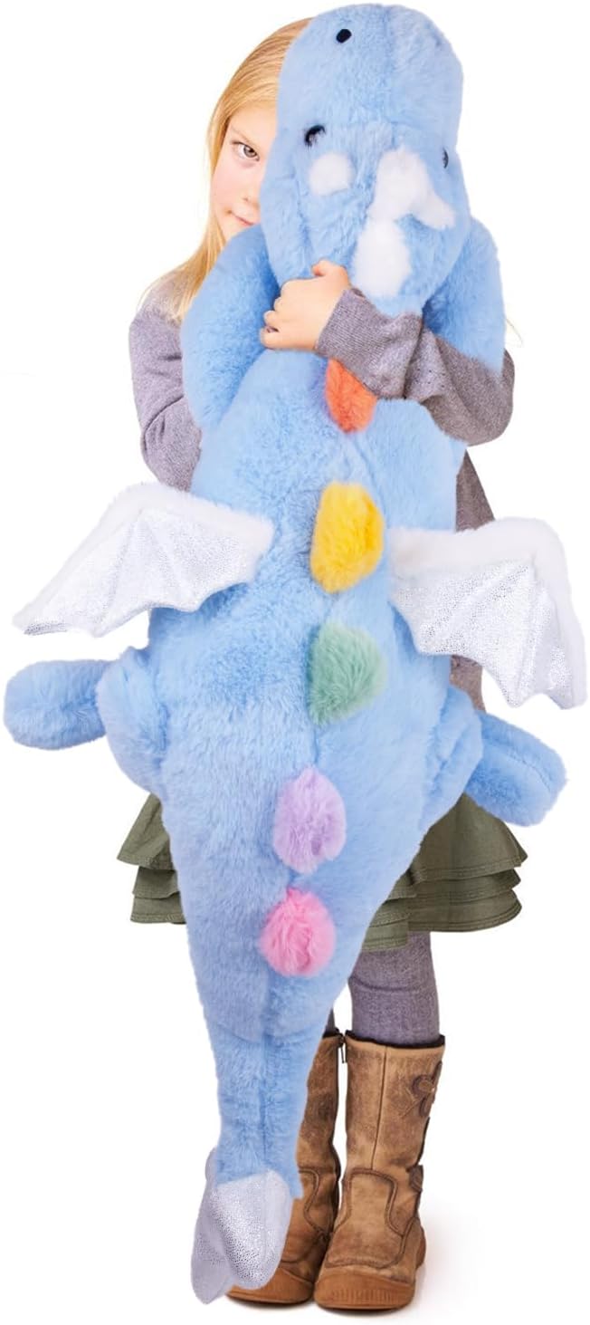ARELUX Large 37in Cute Dragon Stuffed Animals Plush Toy Soft Sky Blue Pterosaur Plushie Giant Fuzzy Dinosaur Pillow Plushies with White Wings Cuddly for Friends Family Member