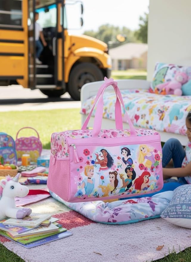 Disney Princess Kids Duffle Bag 16.5" – Travel & Sports Bag with Zipper Pocket, Mesh Side Pockets & Shoulder Strap