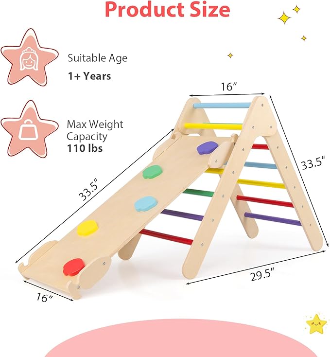 OLAKIDS Pikler Triangle Set 3 in 1 Climbing Toys for Toddlers Wood Montessori Baby Jungle Gym with Ramp Ladder Slide Kids Indoor Playground Activity Play Structure
