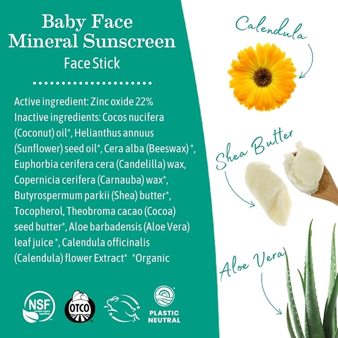 Earth Mama Baby Face Mineral Sunscreen Stick SPF 40-0.74 oz - Non-Nano Zinc - Broad Spectrum Sunscreen for Babies, Kids & Family - Water Resistant Sun Protection