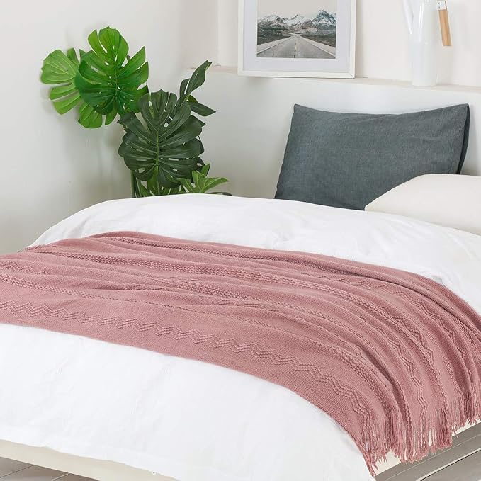 BOURINA Coral Pink Throw Blanket 50x90Inch Boho Knit Soft Throw Bed Blanket | Knitted Throw Blanket 50x90 Inches, Soft Lightweight Boho Weave Throw Decorative Couch Blanket for Living Room Bed Runner