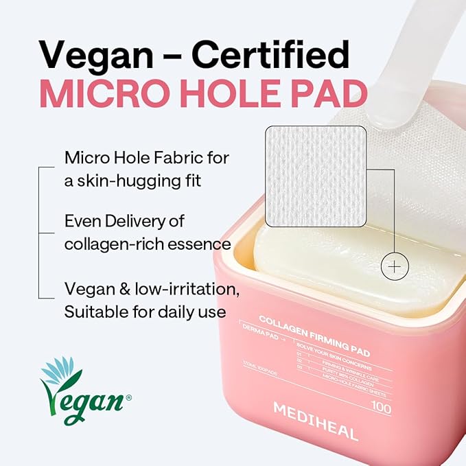 MEDIHEAL Toner Pads 100 Count - Collagen Skin Firming- Contains 98% Low-Molecular Collagen with Retinol&Peptides for Firming Care - Helps Restore Skin Elasticity - Vegan Fabric, Korean Skin Care