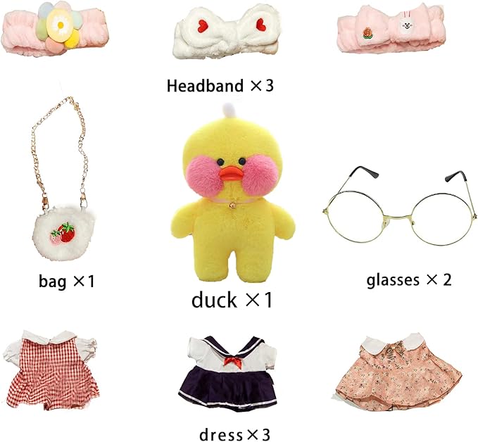 Duck Stuffed Animal Toy with 9 Outfits and Accessories to Match DIY Dress Up Clothes for Duck Plush Toy for Kids（12inch） (Yellow Duck)