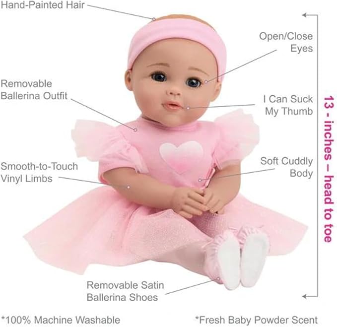 Adora Baby Ballerina Collection, 13 Inch Baby Doll Set with Pink Dress, Headband, Shoes, Soft Vinyl, Powder Scent - Gift for Kids Ages 3 and Up - Aurora