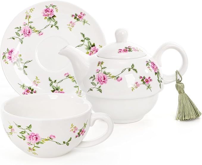 Coloch Tea for One Set, Porcelain Teapot Cup and Saucer Set with Tassel Vintage Floral Ceramic Tea Set for One for Women, Home, Office, Afternoon Tea, Rattan Flower Design