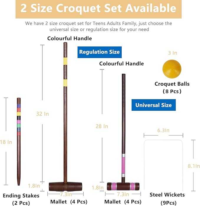 SpeedArmis Deluxe 8 Players Croquet Set with 32In Regulation | 28In Standard Size Rubber Wood Mallets, Colored PE Ball, Wickets, 21In End Stakes - Lawn Backyard Game for Teens/Adults/Family
